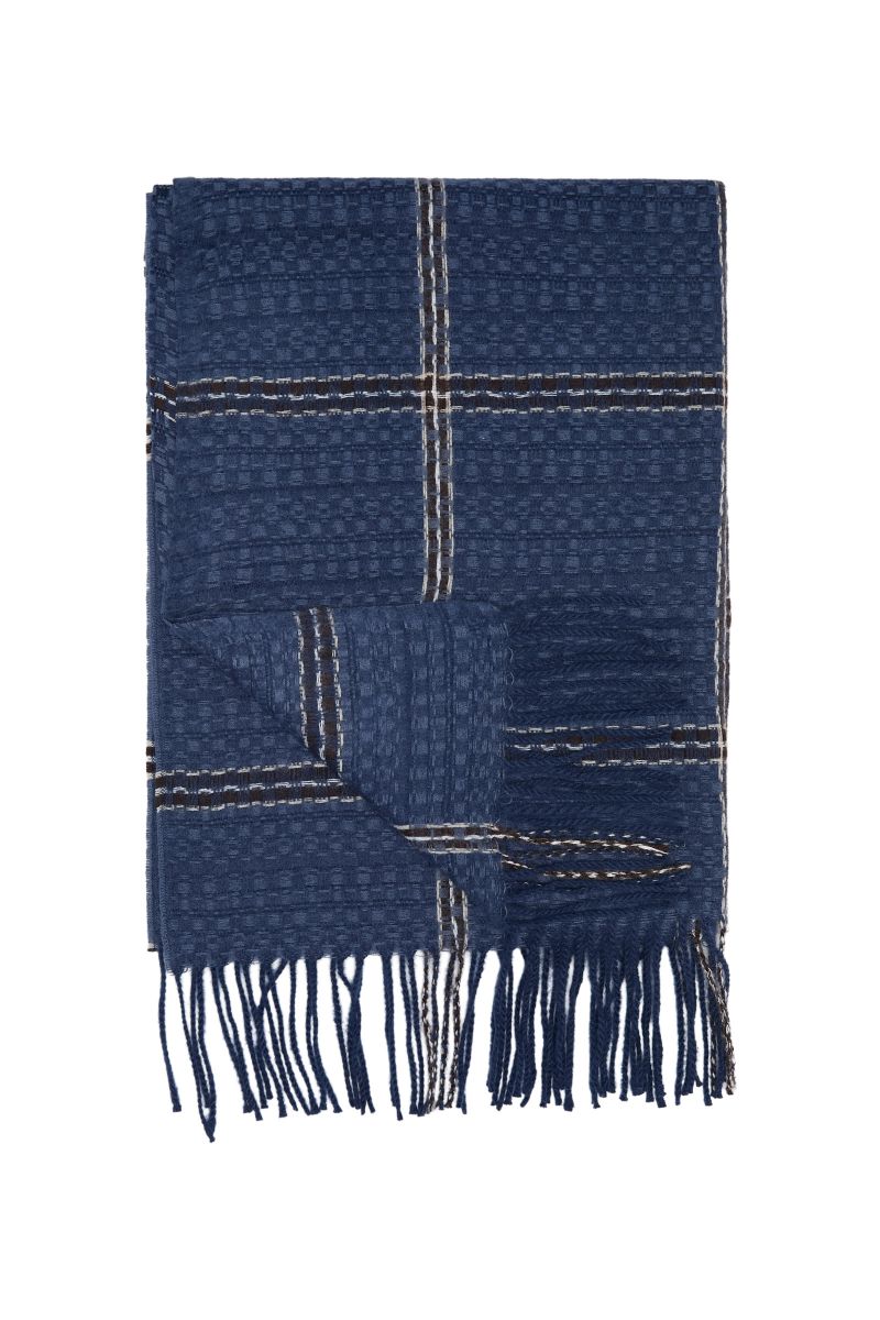 Sciarpa Uomo con Trama a Quadri e Frange Blu