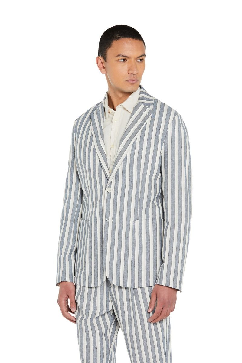 Giacca Rigata Blu e Beige in Lino e Cotone