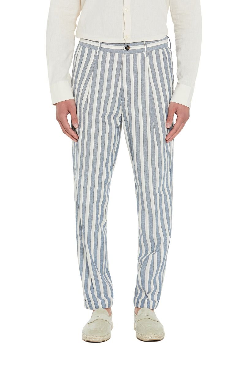 Pantalone Uomo Gessato Blu e Beige in Lino e Cotone