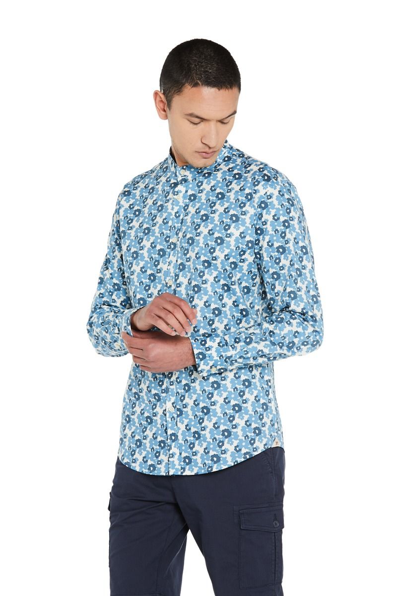 Camicia Stampata Collo Coreano con Motivo Floreale