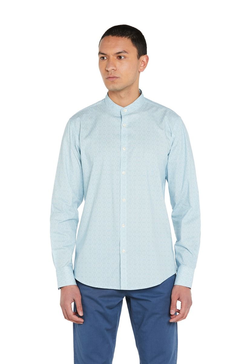 Camicia Stampata Collo Coreano con Fantasia Geometrica