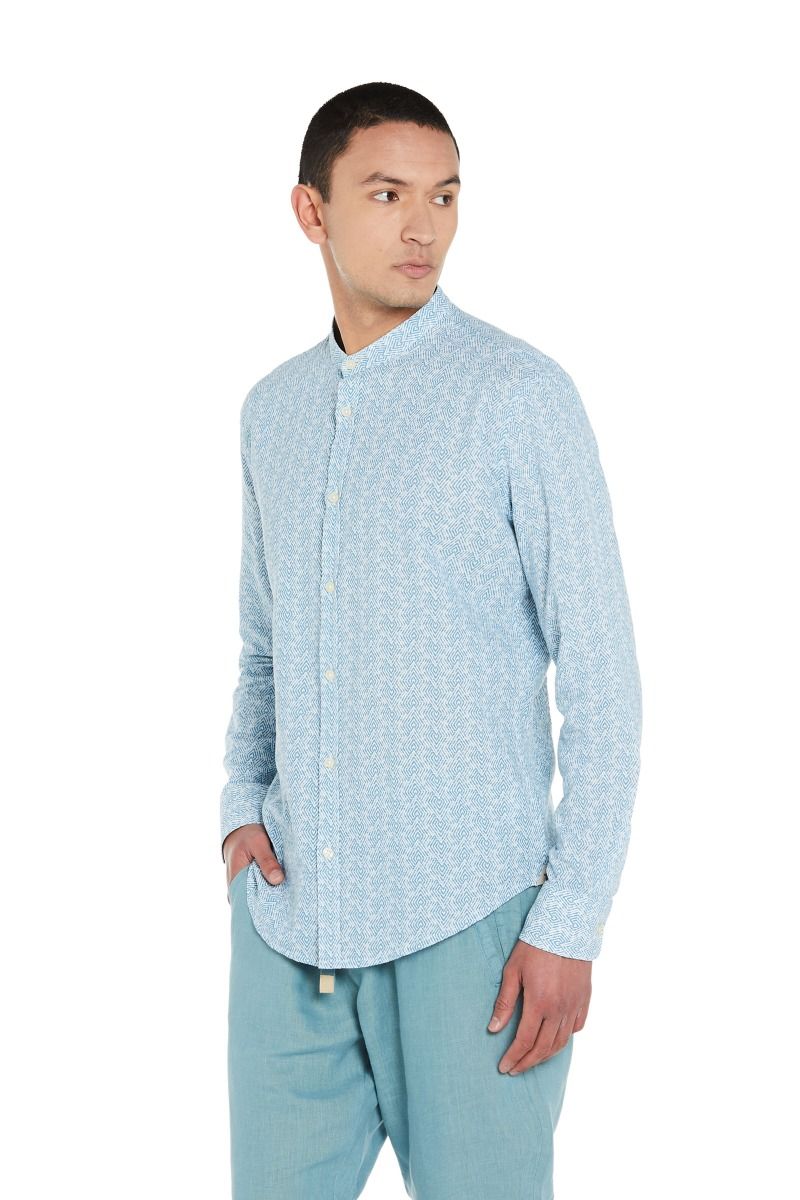 Camicia Stampata in Misto Lino con Collo Coreano