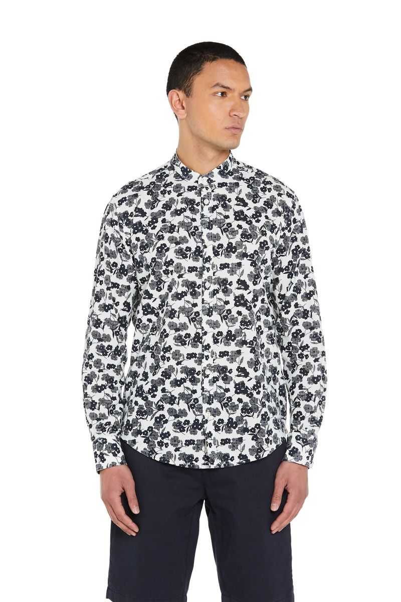 Camicia Stampata in Misto Lino con Collo Coreano, Fantasia a Fiori Blu