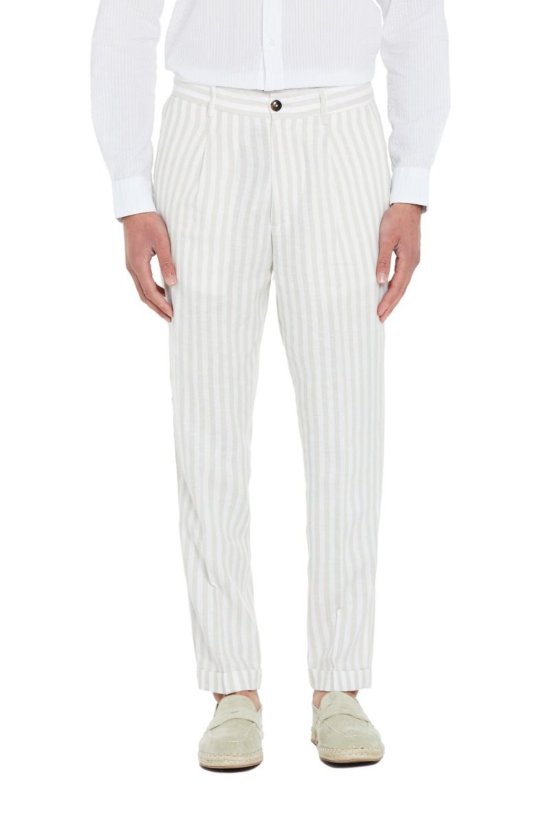 Pantalone Uomo in Lino con Motivo a Righe Beige