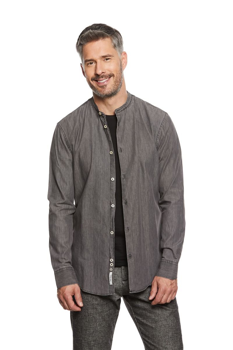 Camicia jeans nera da uomo collo coreano